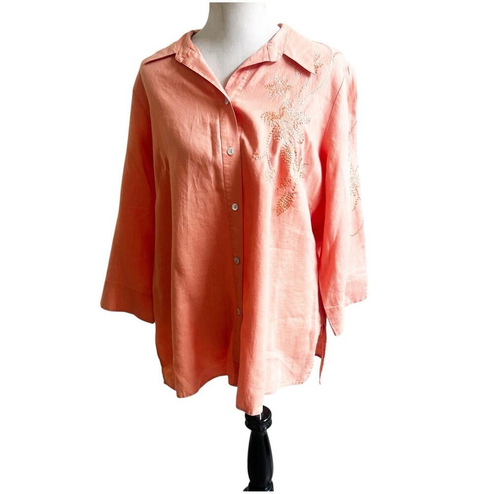 Edward Women Irish Linen Embroidered Collared Button Down Shirt Peach Size 1X